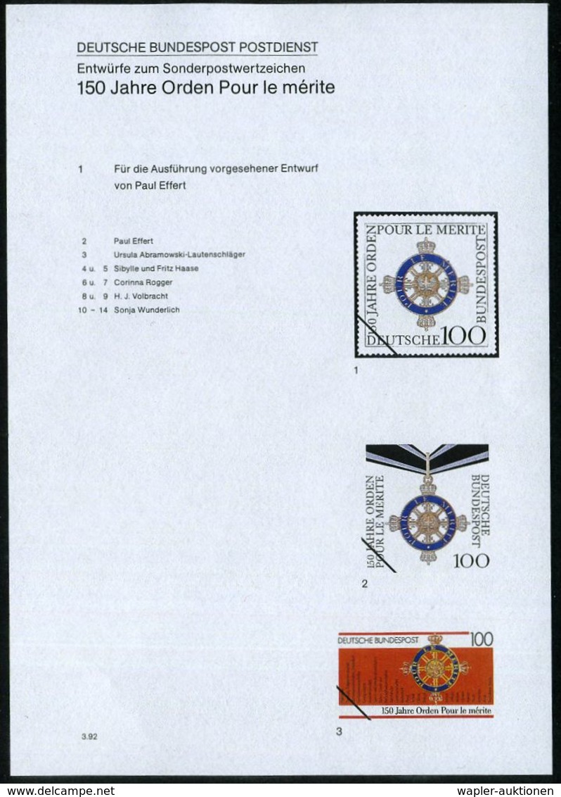 B.R.D. 1992 (März) 100 Pf. "150 Jahren Orden Pour Le Mérite", 14 Verschied. Color-Alternativ-Entwürfe Der Bundesdruckere - Sonstige & Ohne Zuordnung