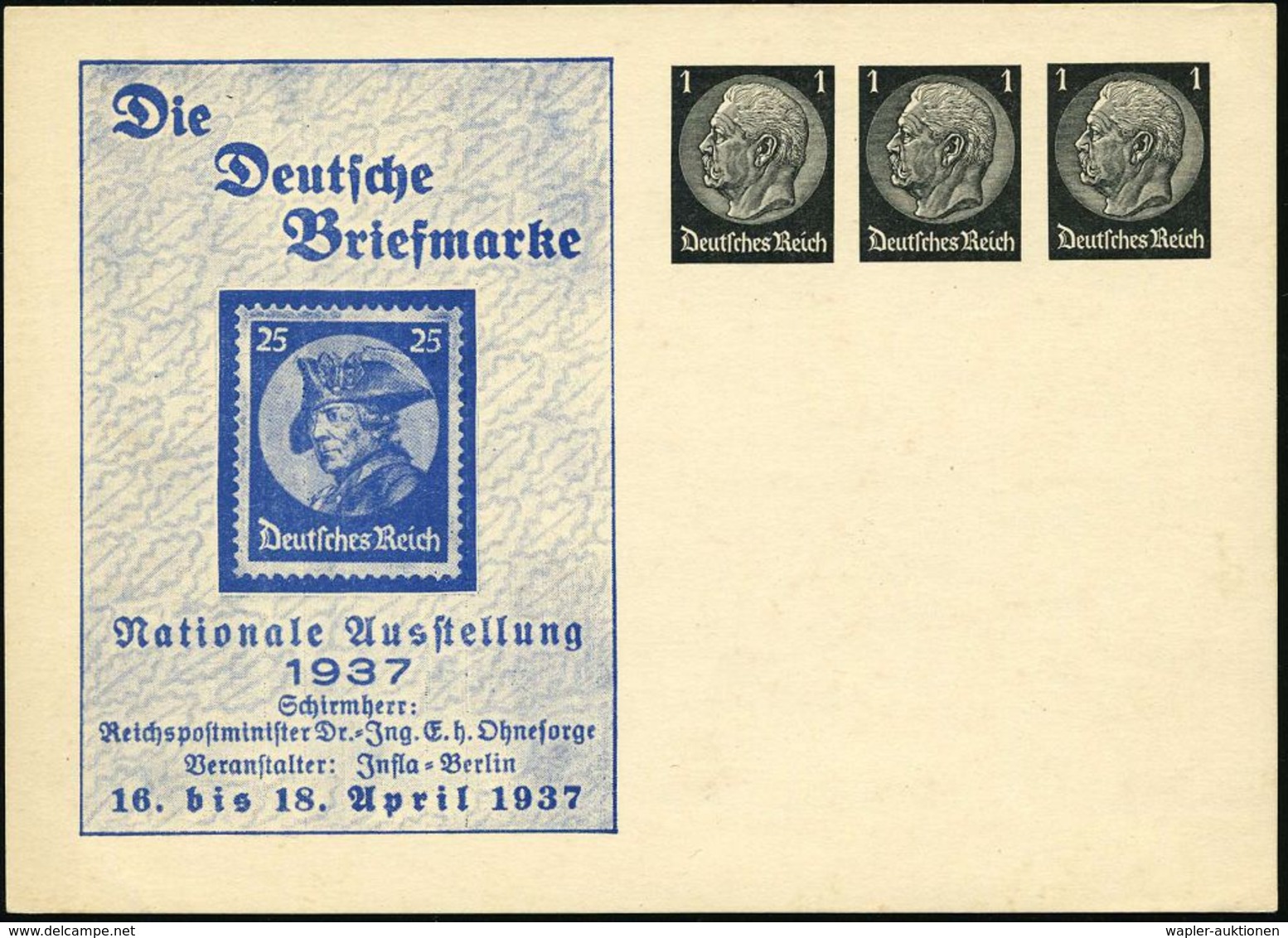 Berlin 1937 (Apr.) PP 1 + 1 + 1 Pf. Hindenbg., Schwarz: Die Deutsche Briefmarke/ Nationale Ausstellung (Abb.: DR 25 Pf.) - Autres & Non Classés