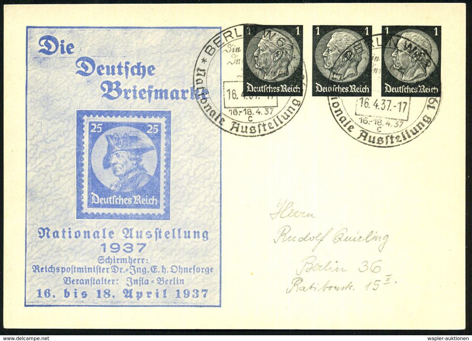 Berlin 1937 (16.4.) PP 1 + 1 + 1 Pf. Hindenbg.: Die Deutsche Briefmarke, Nationale Ausstellung = Friedrich Der Große (au - Altri & Non Classificati