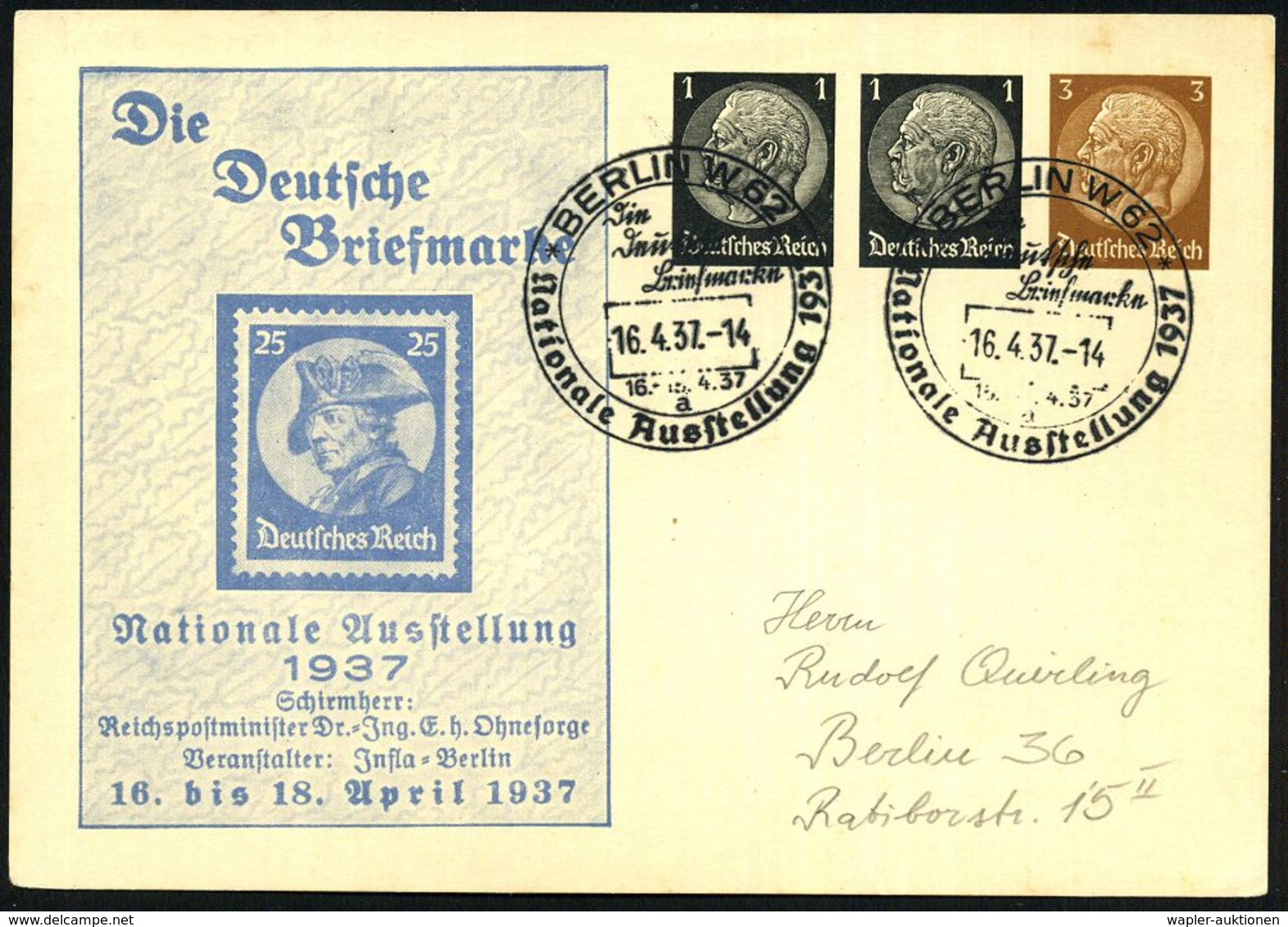 Berlin 1937 (16.4.) PP 1 + 1 + 3 Pf. Hindenbg.: Die Deutsche Briefmarke/ Nationale Ausstellung = Friedrich Der Große (au - Andere & Zonder Classificatie