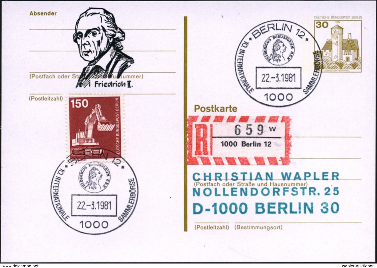 1000 BERLIN 12/ 10.INTERNAT.SAMMLERBÖRSE 1981 (22.3.) SSt = Thaler-Münze Mit Friedrich II. (latein.Inschrift) Auf Amtl.  - Altri & Non Classificati