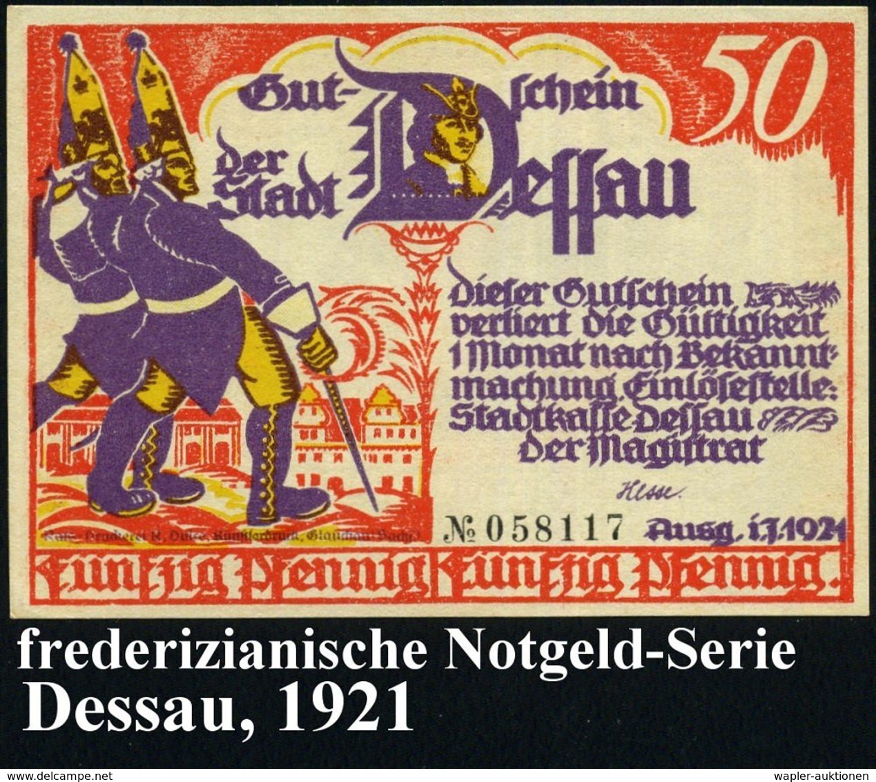 Dessau 1921 50 Pf. Infla-Notgeldscheine, Serie Von 6 Verschied. Motiven Des Friederizianischen Soldatenlebens (vs. Der " - Other & Unclassified