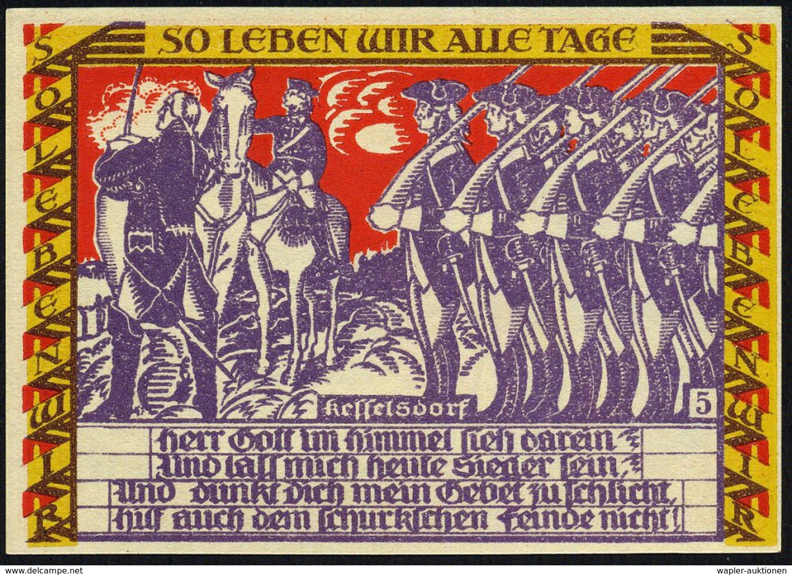 Dessau 1921 50 Pf. Infla-Notgeldscheine, Serie von 6 verschied. Motiven des friederizianischen Soldatenlebens (vs. der "