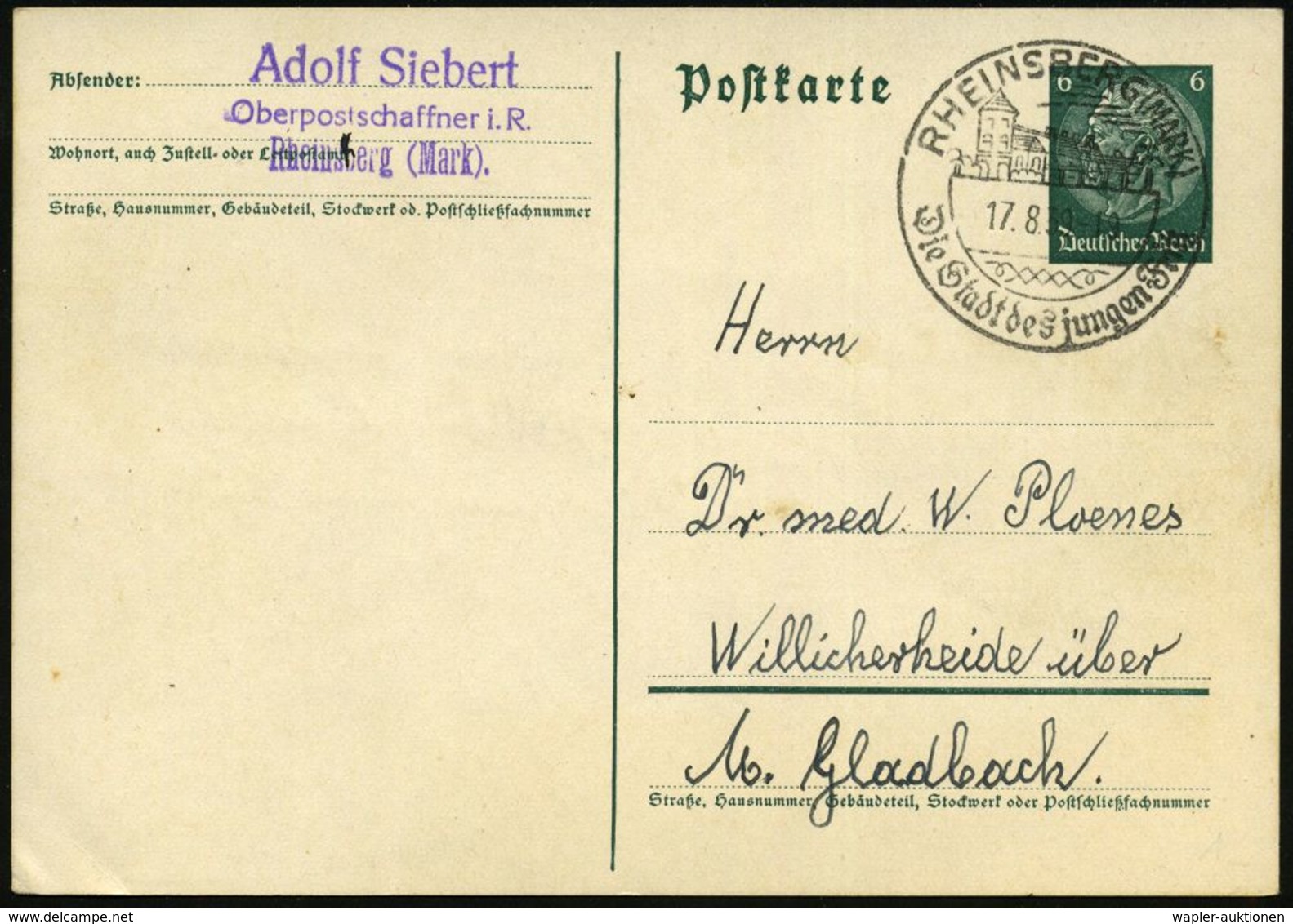 RHEINSBERG (MARK)/ Die Stadt D. Jungen Fritz 1939 (17.8.) Gesuchter HWSt (Schloß Rheinsberg) Klar Gest. Inl.-Kt. (Bo.1)  - Altri & Non Classificati