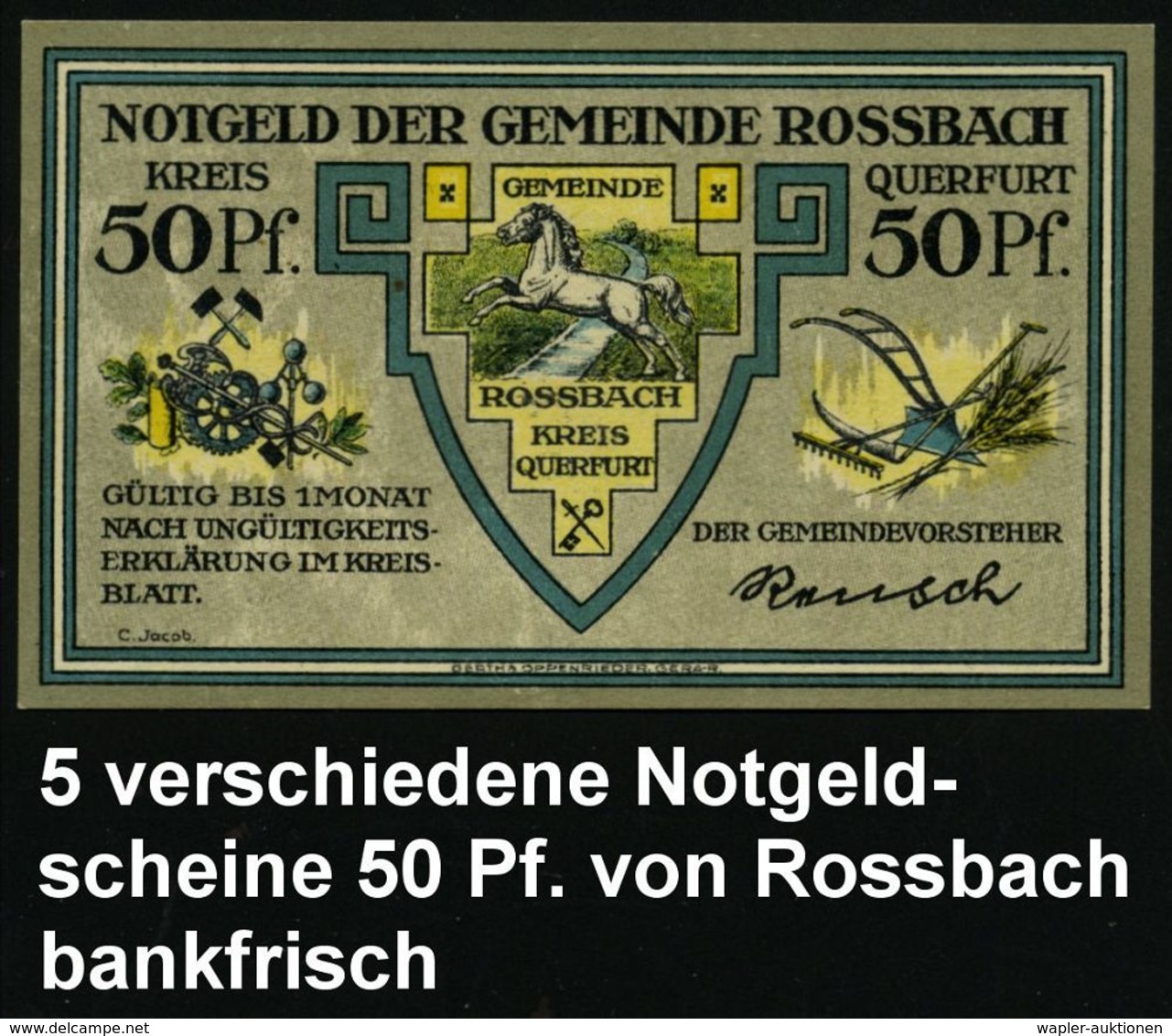 Rossbach 1921 50 Pf. Infla-Notgeldscheine: Schlacht Bei Rossbach, 5 Verschied. Motive , Alle Bankfrisch, Sehr Dekorativ! - Altri & Non Classificati