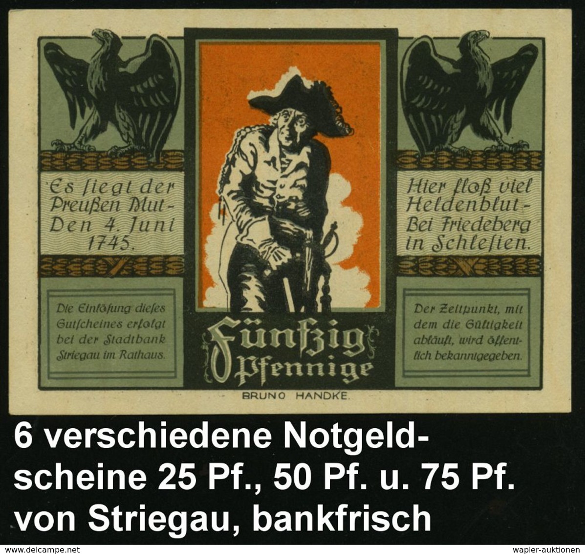 Striegau 1921 Infla-Notgeld "Friedr. Der Große, Schlacht Bei Hohenfriedeberg", 6 Verschied. Scheine ,je 2 Verschied. 25  - Altri & Non Classificati