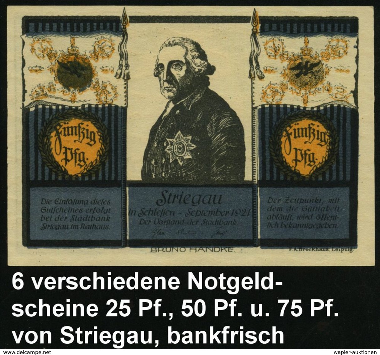 Striegau 1921 Infla-Notgeld "Friedr. Der Große, Schlacht Bei Hohenfriedeberg", 6 Verschied. Scheine ,je 2 Verschied. 25  - Autres & Non Classés