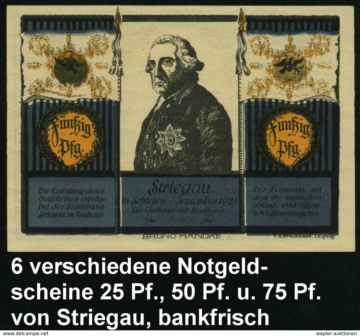 Striegau 1921 Infla-Notgeld "Friedr. Der Große, Schlacht Bei Hohenfriedeberg", 6 Verschied. Scheine ,je 2 Verschied. 25  - Altri & Non Classificati