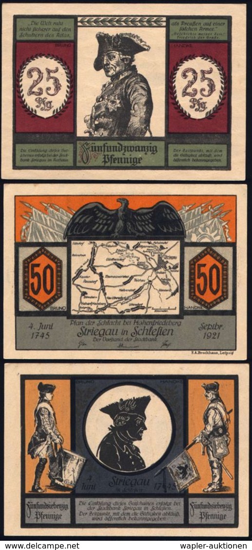 Striegau 1921 Infla-Notgeld "Friedr. Der Große, Schlacht Bei Hohenfriedeberg", 6 Verschied. Scheine ,je 2 Verschied. 25  - Altri & Non Classificati