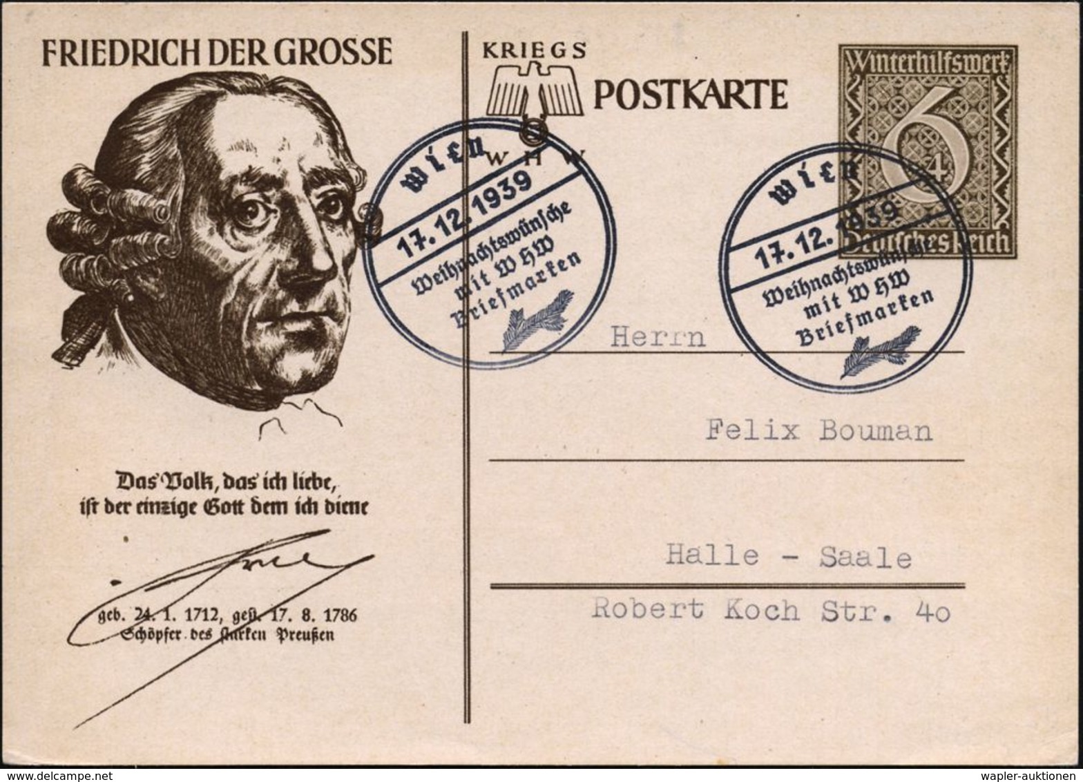 Wien/ Weihnachtswünsche/ Mit WHW/ Briefmarken 1939 (17.12.) SSt Auf Sonder-P 6 Pf.+ 4 Pf. WHW, Braun: FRIEDRICH DER GROS - Autres & Non Classés