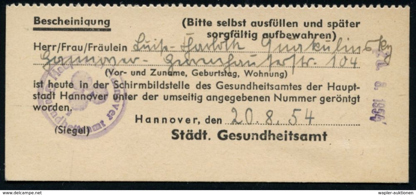 Hannover 1954 (Aug.) 50 Pf. Gebührenmarke "Freiherr Vom Stein", Blau = Preuss. Reformer, Auf Befehl Napoleons Entlassen  - Napoleon