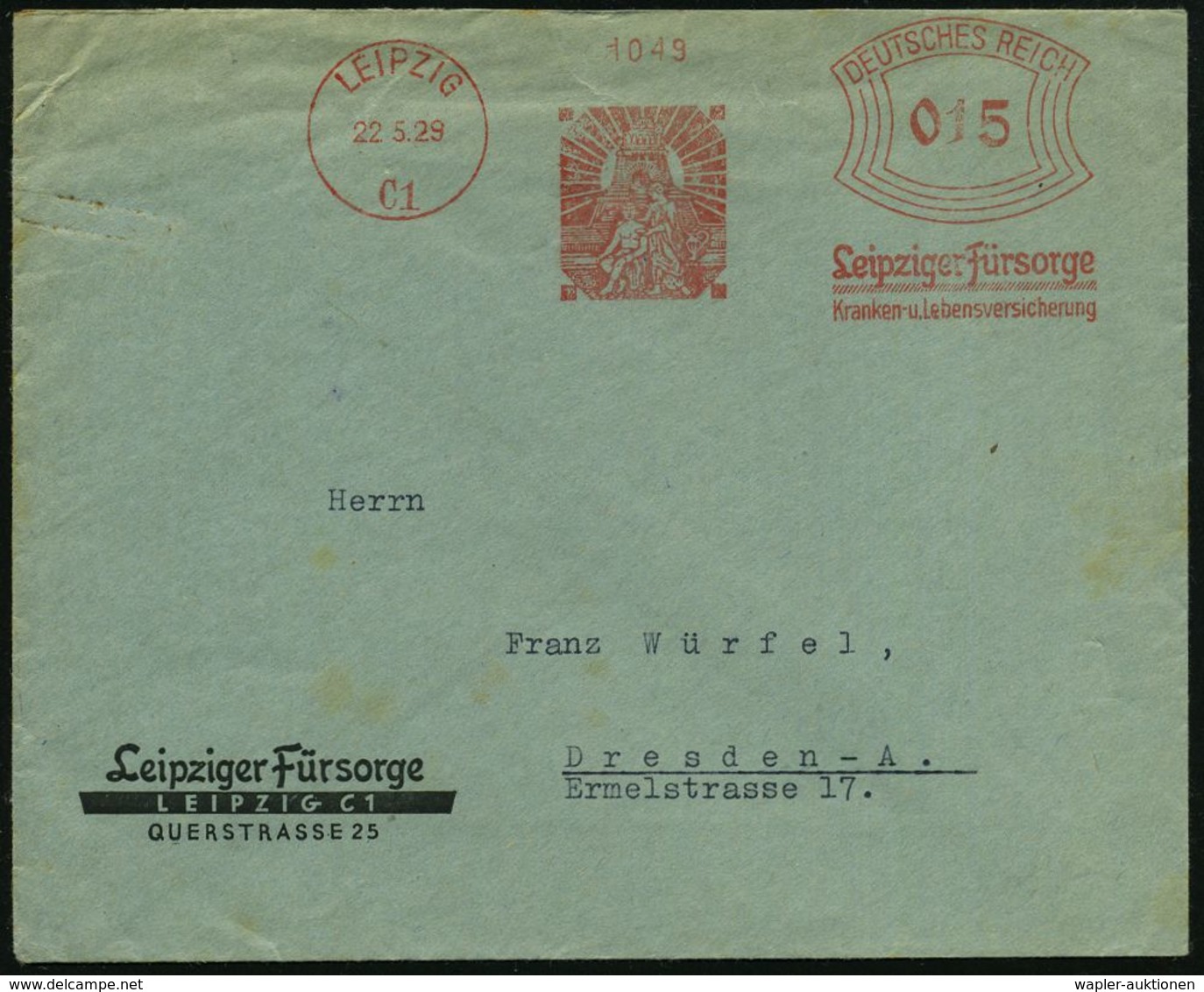 LEIPZIG/ C1/ Leipziger Fürsorge/ Kranken-u.Lebensversicherung 1929 (22.5.) Seltener AFS = Völkerschlacht-Denkmal (+ Sonn - Napoleón