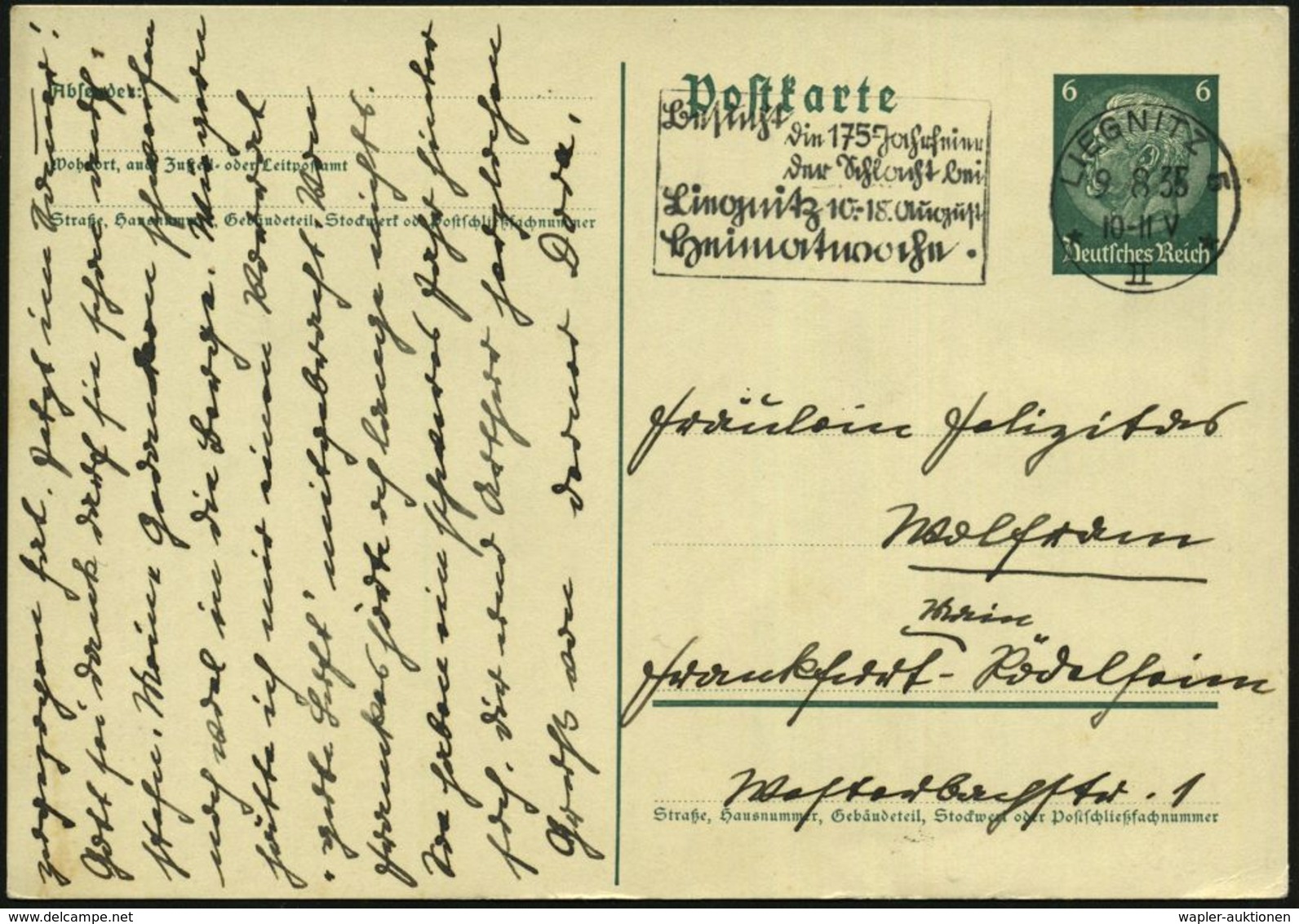 LIEGNITZ/ *II*/ Besucht/ Die 175 Jahrfeier Der Schlacht Bei/ Liegitz.. 1935 (9.8.) Seltener MWSt (Text Sütterlin) Klar G - Napoléon