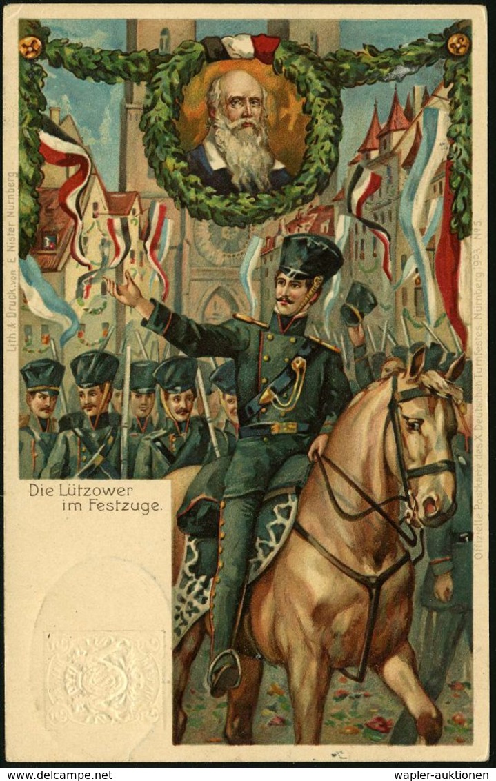 Nürnberg 1903 (23.7.) PP 5 Pf. Wappen, Grün: X. DEUTSCHES TURNFEST/Die Lützower Im Festzug (Kopfbild Turnvater Jahn, Lüt - Napoleon