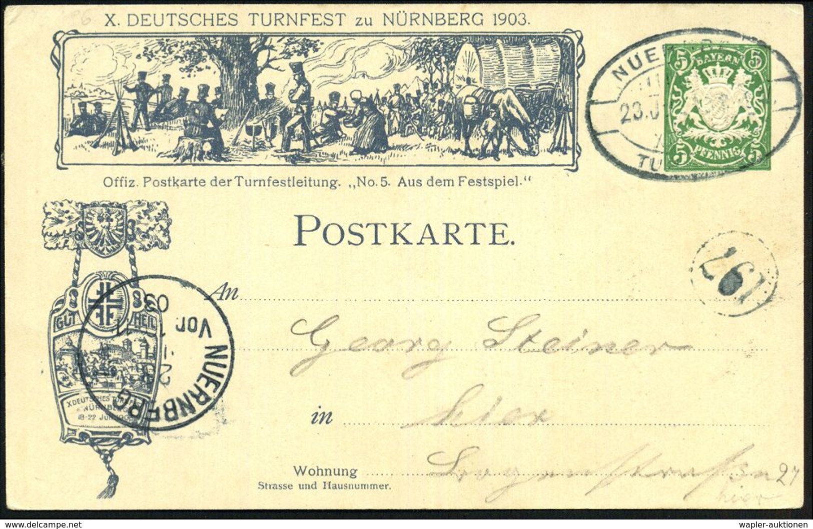 Nürnberg 1903 (23.7.) PP 5 Pf. Wappen, Grün: X. DEUTSCHES TURNFEST/Die Lützower Im Festzug (Kopfbild Turnvater Jahn, Lüt - Napoleon
