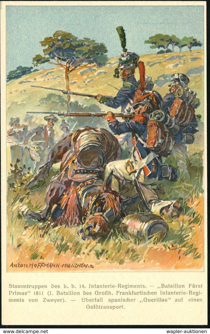 Nürnberg 1914 (Juli) PP 5 Pf. Hupp-Wappen, Grün: 100-Jahrfeier 14. Inf.-Regmt. Hartmann = 1811 Überfall Spanischer "Guer - Napoleon