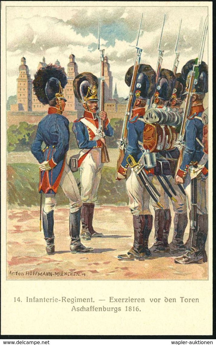 Nürnberg 1914 PP 5 Pf. Huppwappen: "100 Jahre 14. Inf.Rgmt Nürnberg", Exerzieren Vor Schloß Aschaffenburg , 1K: NÜRNBERG - Napoleone