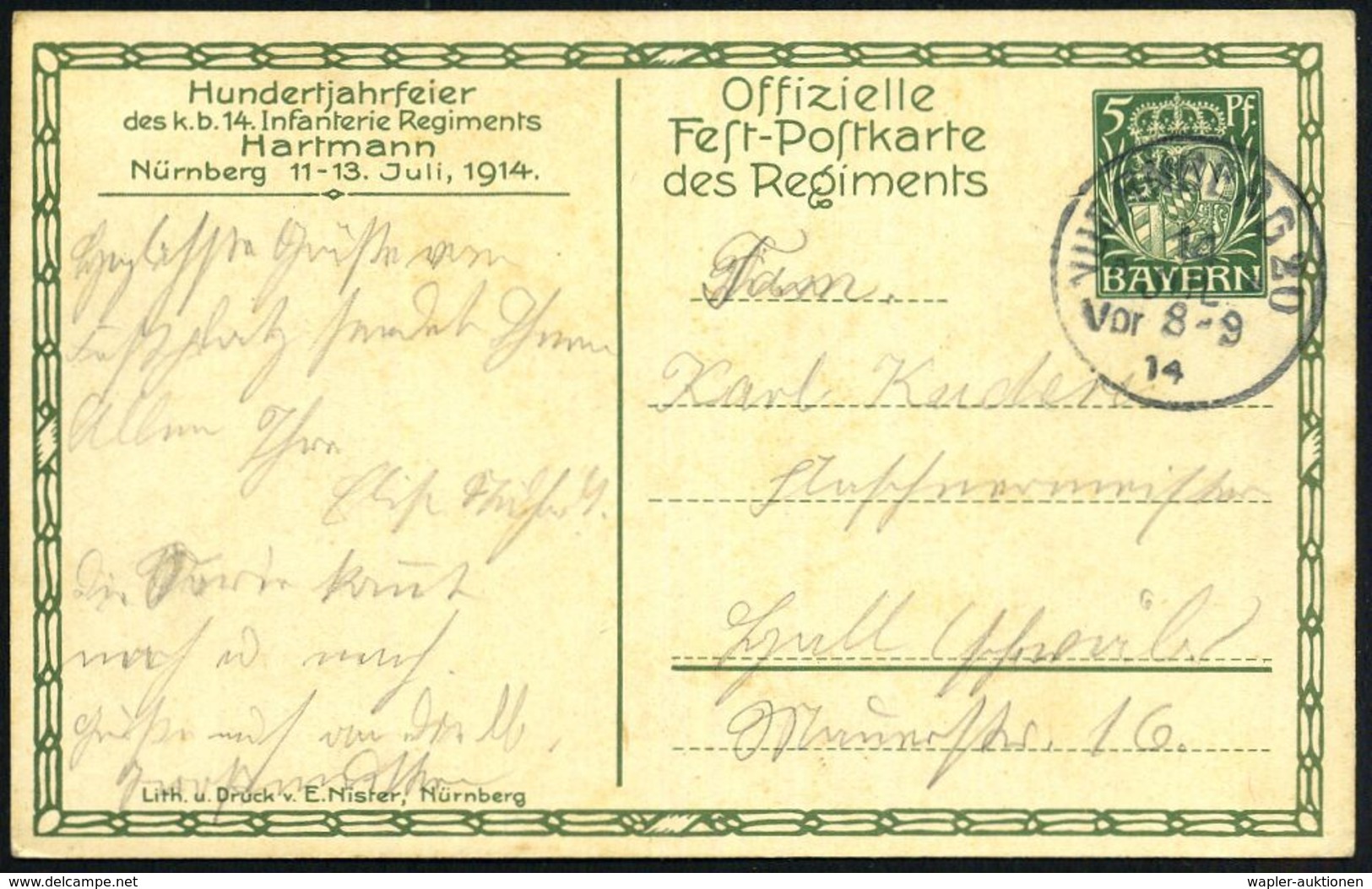 Nürnberg 1914 PP 5 Pf. Huppwappen: "100 Jahre 14. Inf.Rgmt Nürnberg", Exerzieren Vor Schloß Aschaffenburg , 1K: NÜRNBERG - Napoleone