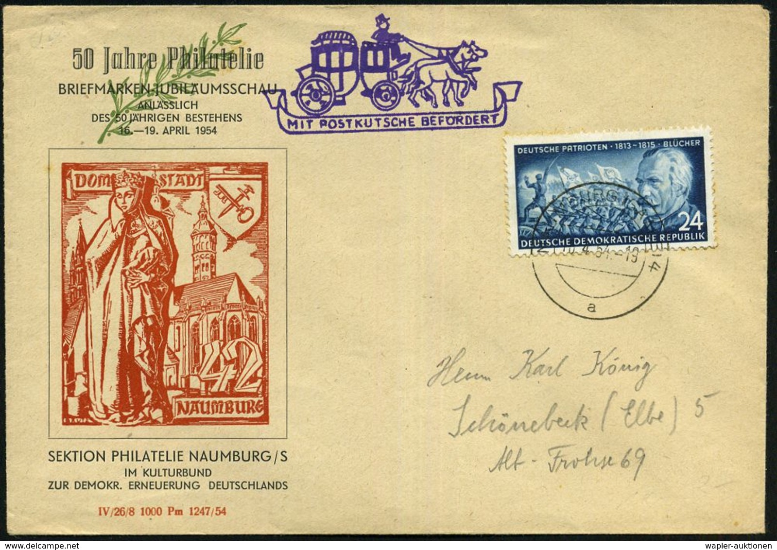 NAUMBURG 4/ A 1954 (16.4.) 2K Auf EF 24 Pf. Blücher, Freiheitskriege + HdN: MIT POSTKUTSCHE BEFÖRDERT (Naumburg) Ausst.- - Napoleon