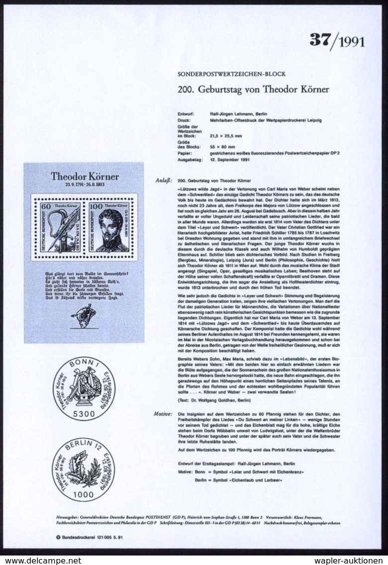 B.R.D. 1991 (Mai) 60 Pf. + 100 Pf. "200. Geburtstag V.Theodor Körner" Block + 2x Amtl. Handstempel  "M U S T E R" , Post - Napoleone