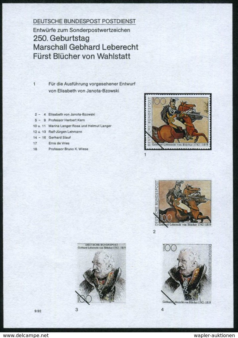 B.R.D. 1992 (Sept.) 100 Pf. "250. Geburtstag Fürst Blücher V. Wahlstatt", 18 Verschied. Color-Entwürfe D. Bundesdruckere - Napoleone