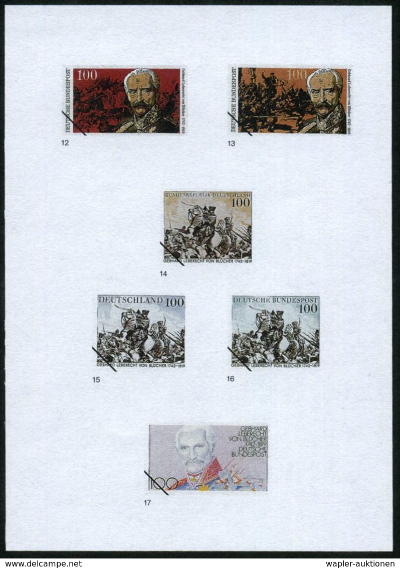 B.R.D. 1992 (Sept.) 100 Pf. "250. Geburtstag Fürst Blücher V. Wahlstatt", 18 Verschied. Color-Entwürfe D. Bundesdruckere - Napoleone