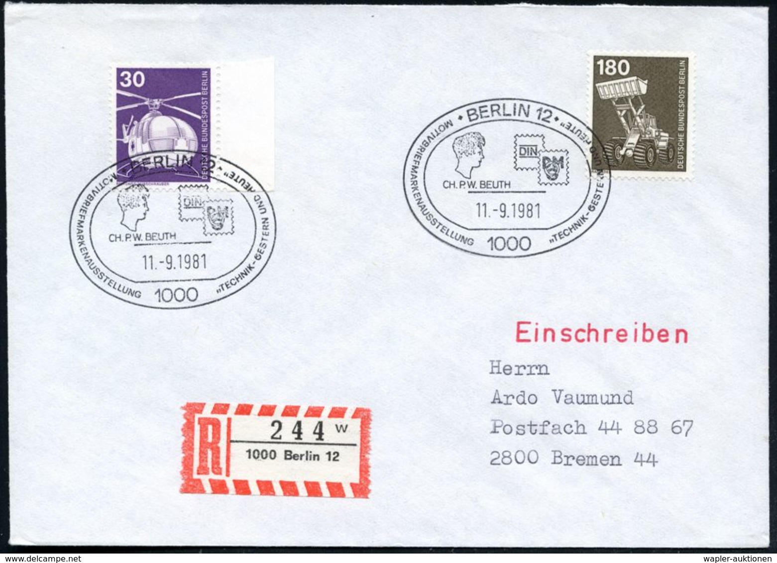 1000 BERLIN 12/ CH.P.W.Beuth.. 1981 (11.9.) SSt = Kopfbild Beuth = Preuss. Gewerbe-Refprmer (u. Anti-Semit), 2x + RZ: 10 - Autres & Non Classés