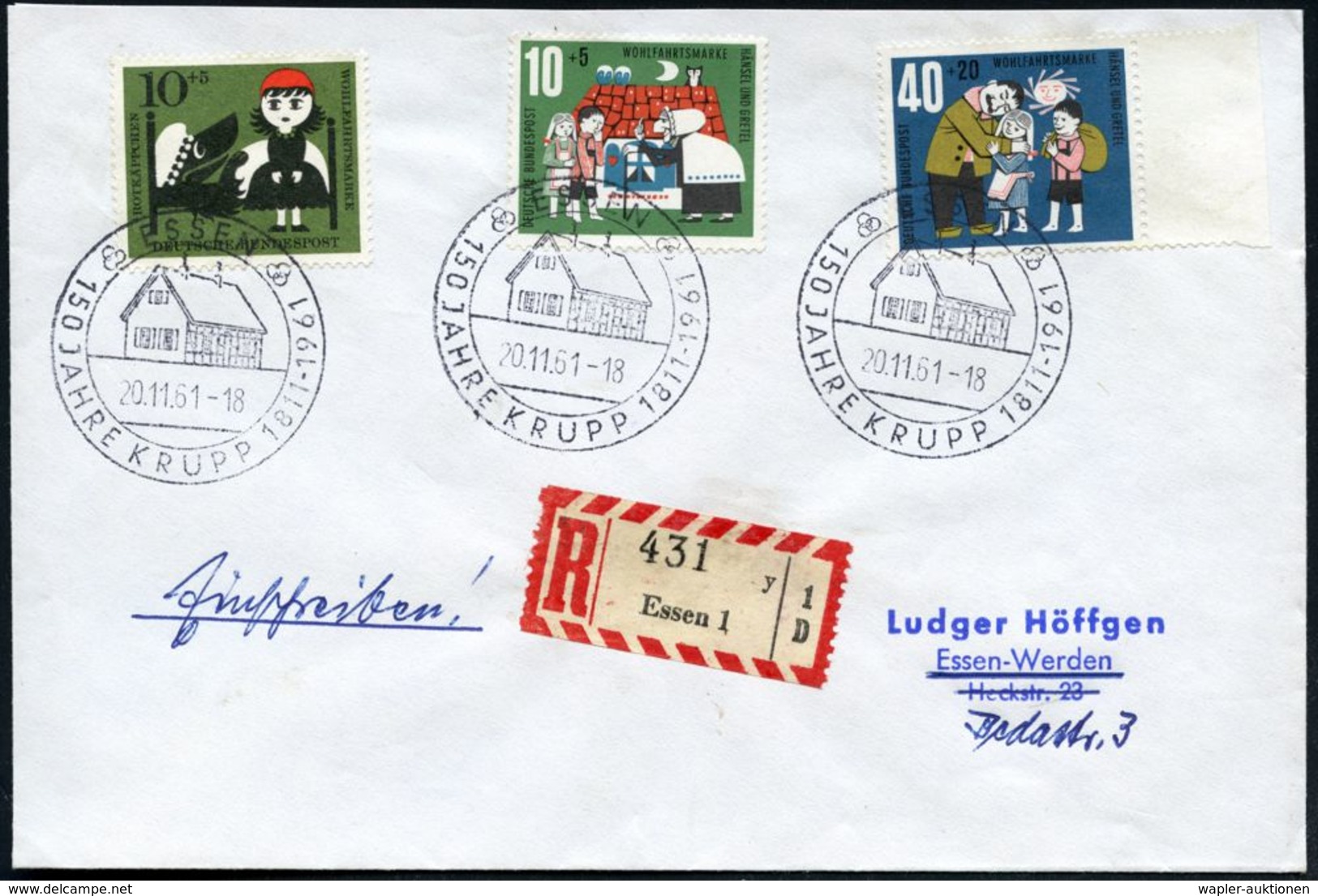 ESSEN/ 150 JAHRE KRUPP 1811-1961 1961 (20.11.) SSt = Krupp-Stammhaus + RZ Ohne PLZ: Essen 1/y , Klar Gest. Orts-R-Bf. (B - Andere & Zonder Classificatie