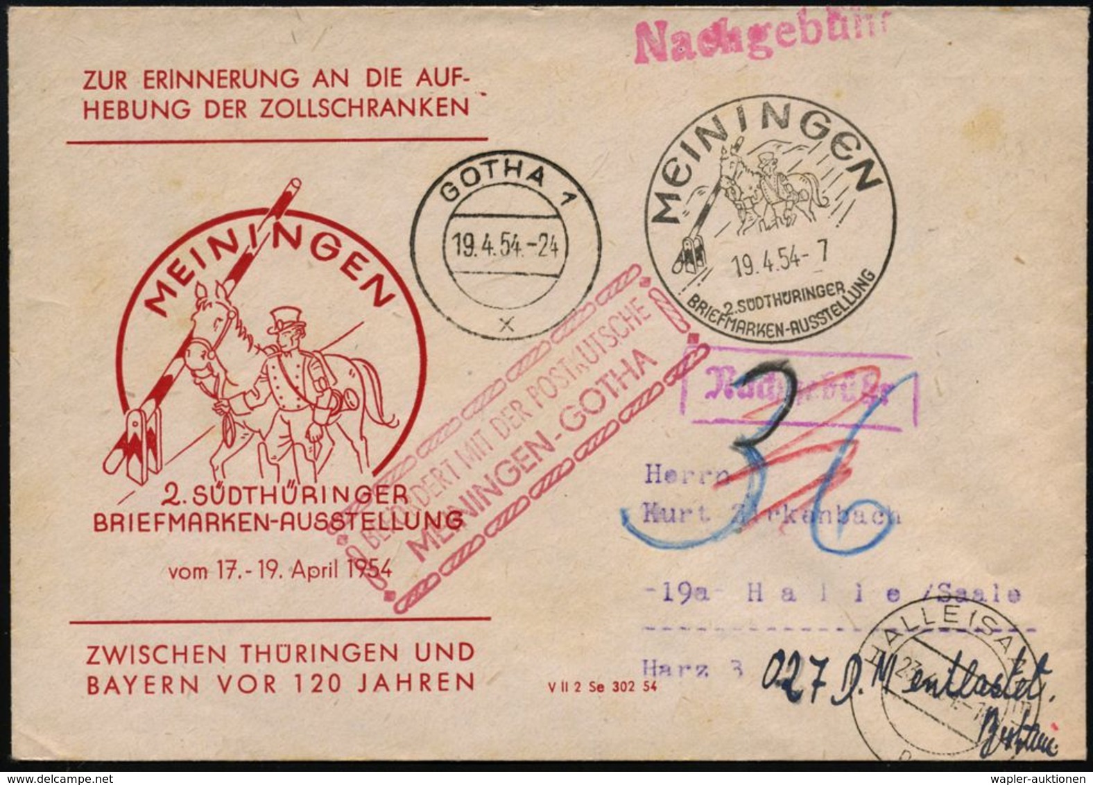 MEININGEN/ 2.SÜDTHÜRINGER/ BRIEFM.-AUSSTELLUNG 1954 (19.4.) SSt = Postillon Bei Geöffneter Zollschranke + Amtl., Roter R - Andere & Zonder Classificatie