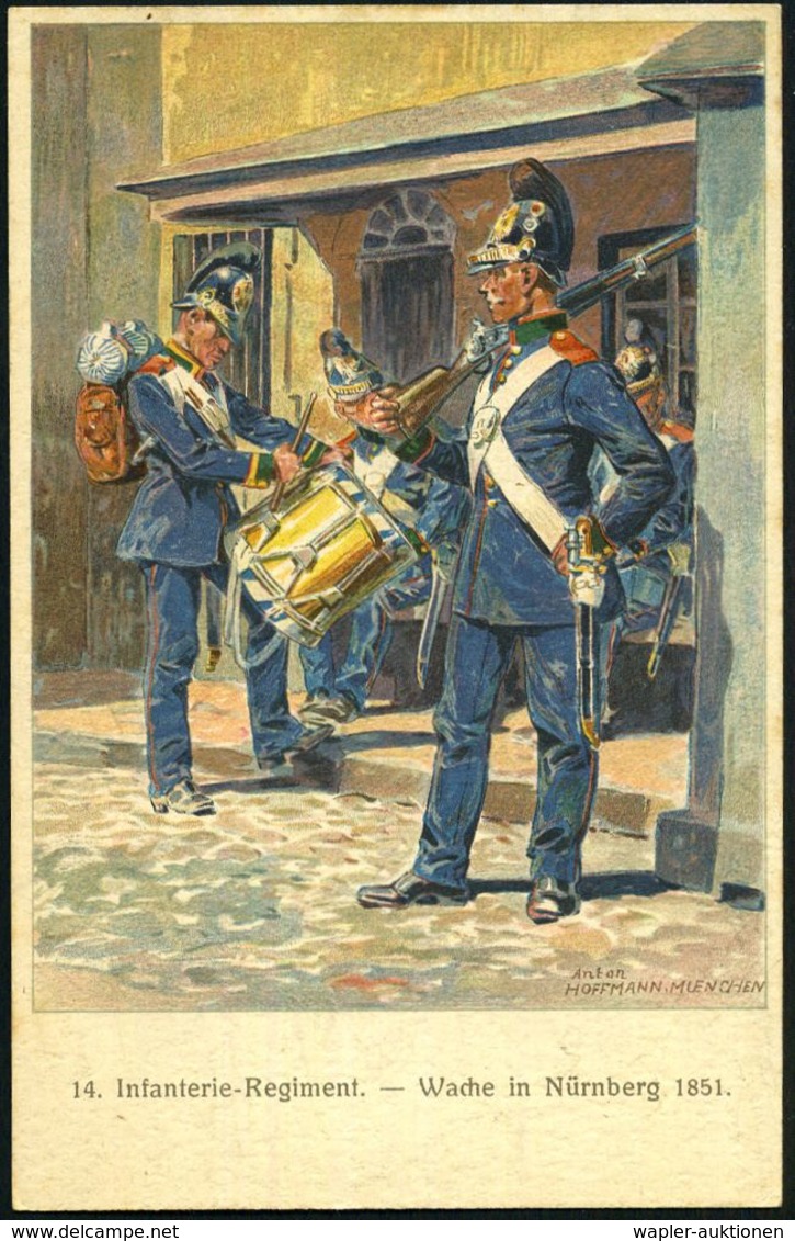 Nürnberg 1914 (Juli) PP 5 Pf. Huppwappen, Grün: 100-Jahrfeier Inf.-Regmt. Hartmann: Wache In Nürnberg 1851 Mit Trommler  - Altri & Non Classificati