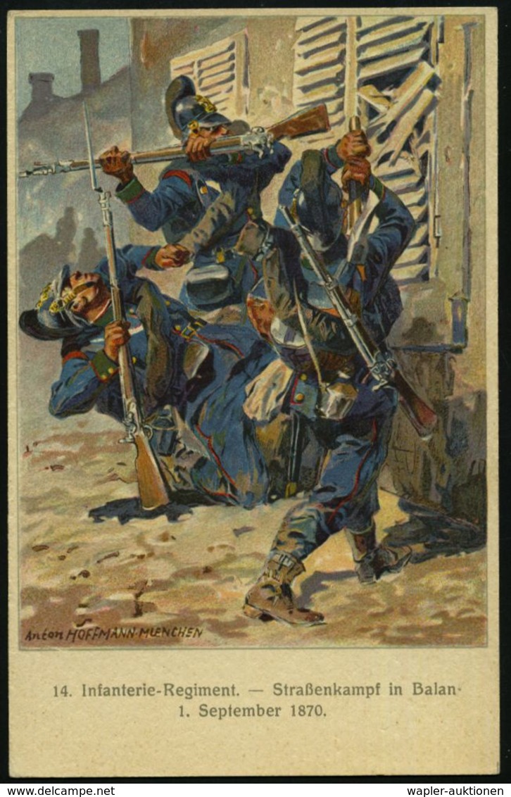 Nürnberg 1914 (12.7.) PP 5 Pf. Huppwappen Grün: 14. Inf. Rgt. - Straßenkampf In Balan 1. Sept. 1870 , Sign. Anton Hoffma - Andere & Zonder Classificatie