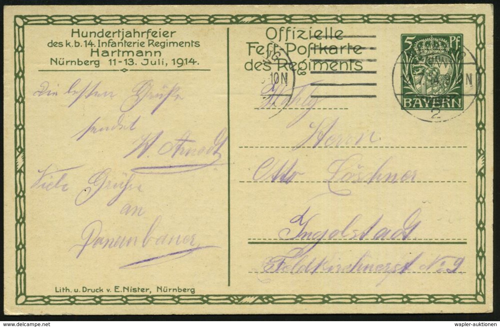 Nürnberg 1914 (12.7.) PP 5 Pf. Huppwappen Grün: 14. Inf. Rgt. - Straßenkampf In Balan 1. Sept. 1870 , Sign. Anton Hoffma - Andere & Zonder Classificatie