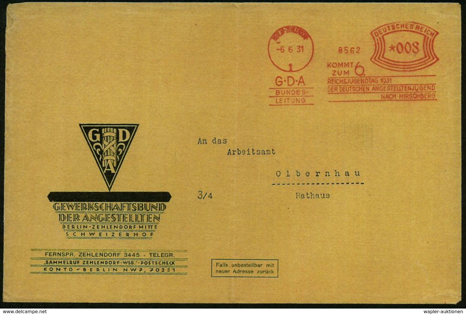 BERLIN-ZEHLENDORF/ 1/ GDA/ 6./ REICHSJUGENDTAG/ DER DEUTSCHEN ANGESTELLTENJUGEND/  HIRSCH-BERG 1931 (6.6.) Sehr Seltener - Sonstige & Ohne Zuordnung