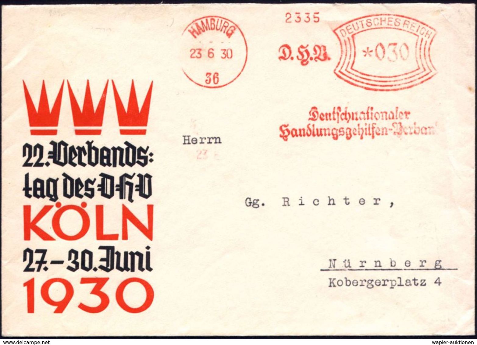 HAMBURG/ 36/ D.H.V./ Deutschnationaler/ Handlungsgehilfen-Verband 1930 (23.6.) AFS Auf Reklame-Bf.: 22. Verbandstag Des  - Otros & Sin Clasificación