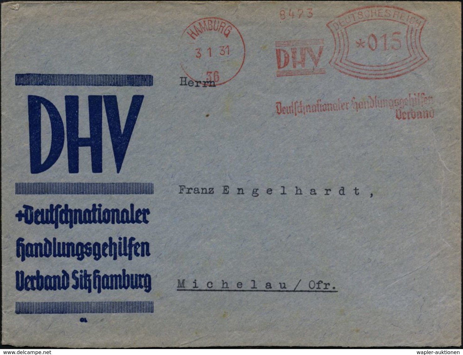 HAMBURG/ 36/ DHV/ Deutschnationaler Handlungsgehilfen/ Verband 1931 (3.1.) AFS (Monogr.) Motivgl. Vordr.-Fern-Bf.: D H V - Andere & Zonder Classificatie