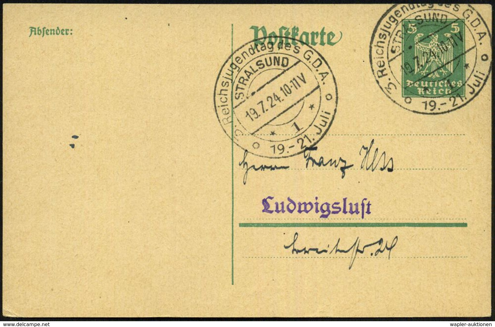 STRALSUND/ *1*/ 3.Reichsjugendtag Des G.D.A./ 19.-21.Juli 1924 (19.7.) Seltener SSt = Gewerkschaftsbund Der Angestellten - Autres & Non Classés
