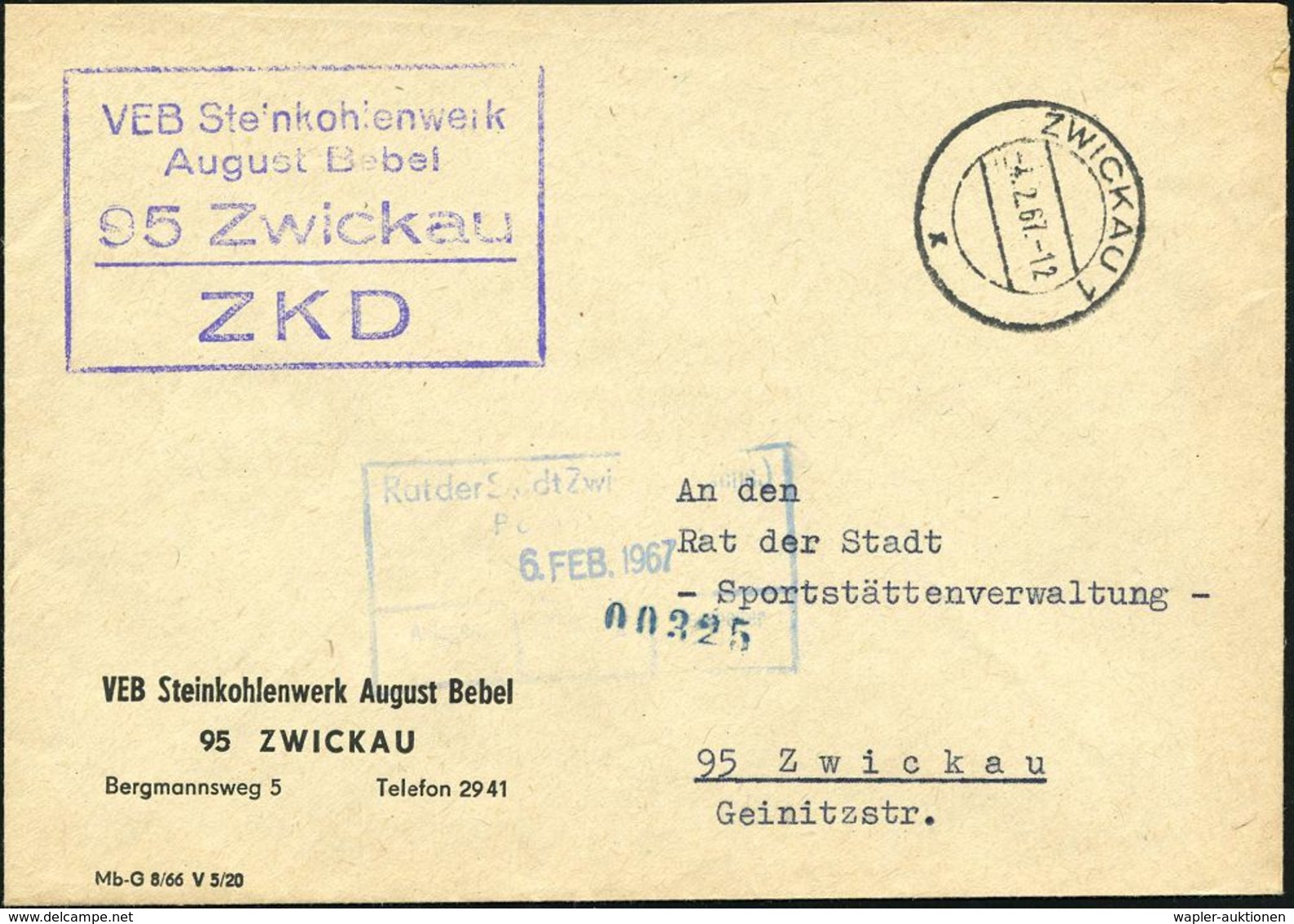 95 Zwickau/ VEB Steinkohlenwerk/ August Bebel/ ZKD 1967 (4.2.) Viol. ZKD-Ra.4 + 2K-Steg: ZWICKAU 1/x , ZKD-Dienst-Bf., A - Sonstige & Ohne Zuordnung