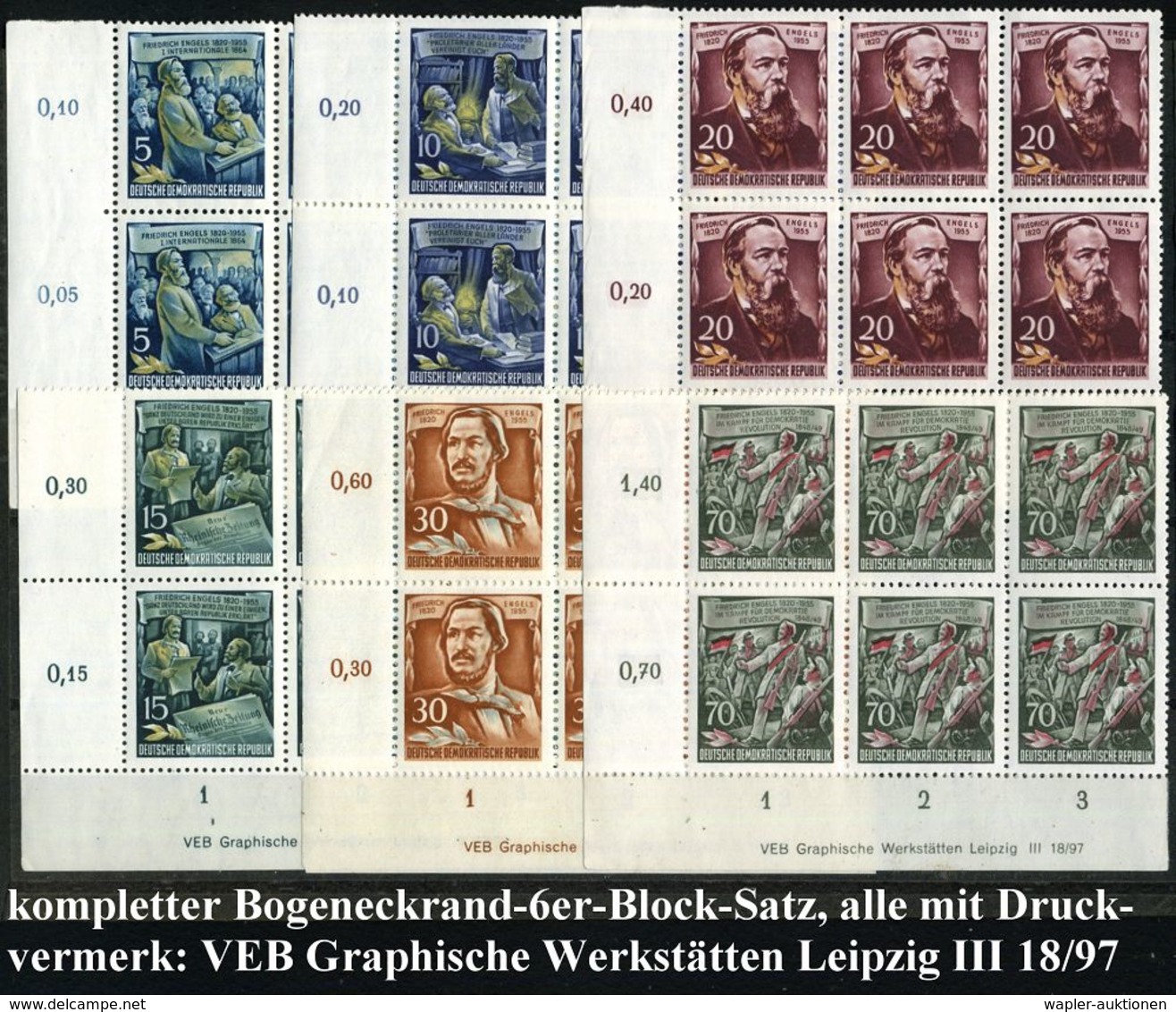 D.D.R. 1955 "50. Todestag Friedr. Engels", Bogen-Eckrand-6er-Blocksatz M. Vollständ. Druckvermerken (am Unterrd.) Absolu - Sonstige & Ohne Zuordnung