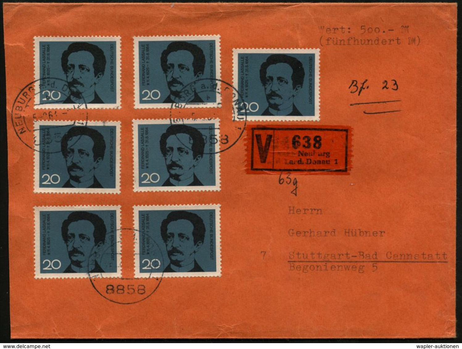 B.R.D. 1964 20 Pf. "100. Todestag Ferdinand Lasalle", Reine MeF: 7 Stück! (= Mitbegründer Der SPD) + VZ: Neuburg/a. D. D - Andere & Zonder Classificatie