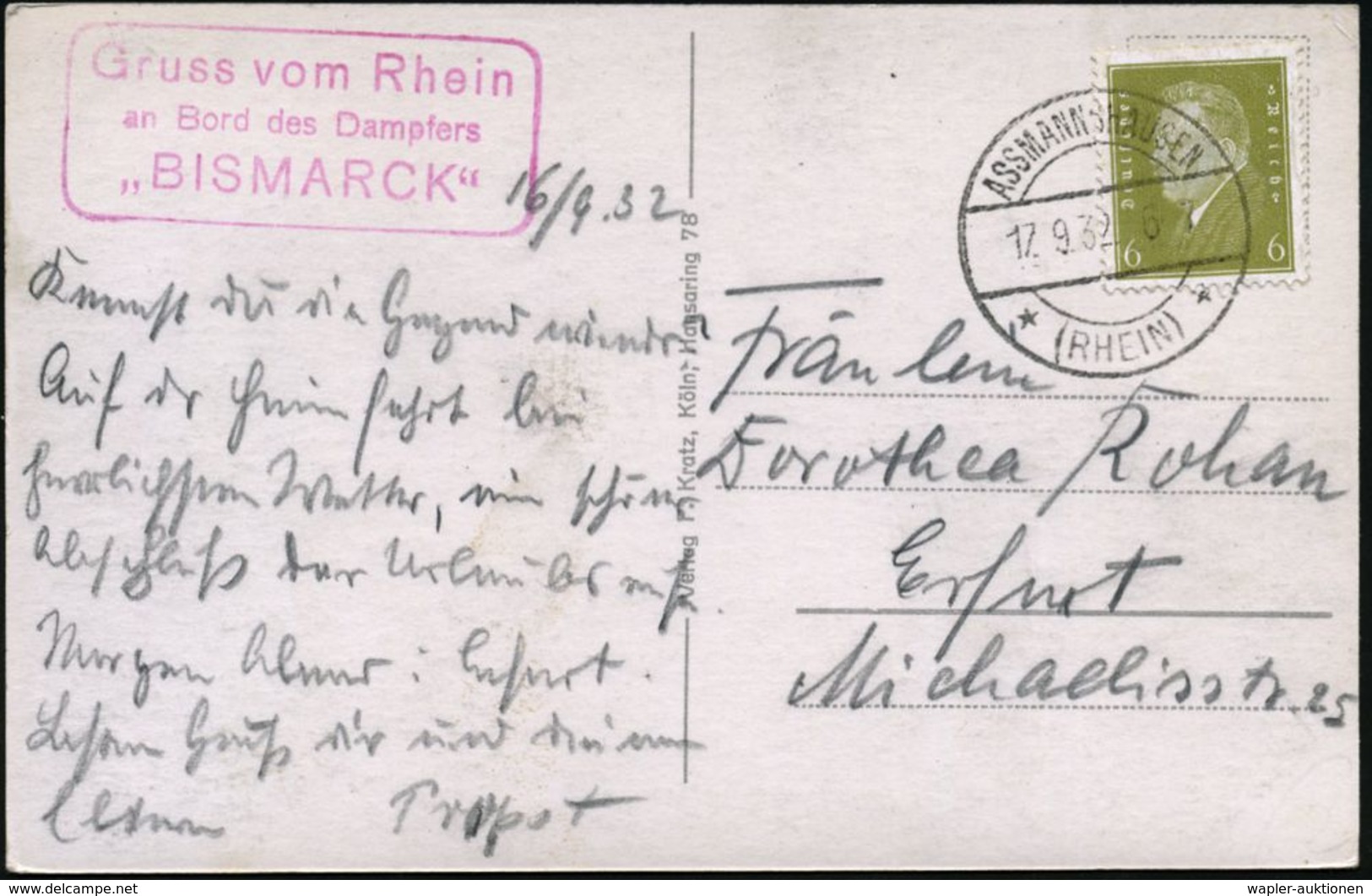 ASSMANNSHAUSEN/ *(RHEIN)* 1932 (17.9.) 1K-Brücke + Roter Ra.3: Gruss Vom Rhein/an Bord Des Dampfers/ "BISMARCK" , Klar G - Sonstige & Ohne Zuordnung