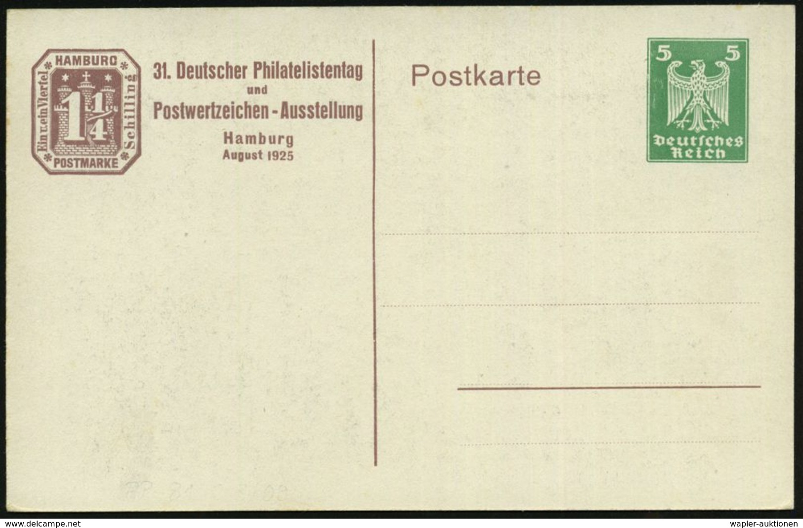 Hamburg 1925 (Aug.) PP 5 Pf. Adler Grün: "31. Deutscher PhilatelistenTag" = Bismarck-Denkmal (vs.Hamburg 1 1/4 Sch.) Ung - Andere & Zonder Classificatie