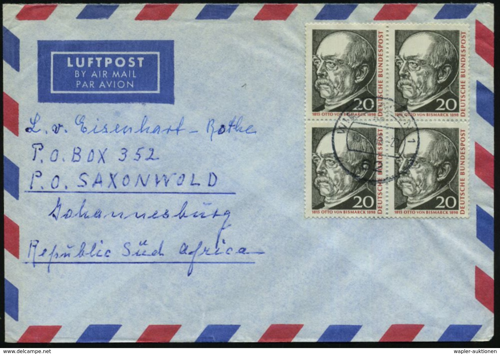 B.R.D. 1965 (10.5.) 20 Pf. "150. Geburtstag Otto Fürst V. Bismarck", Reine MeF: 4er-Blockck , 1K: 62 WIESBADEN 1, Zentr. - Autres & Non Classés