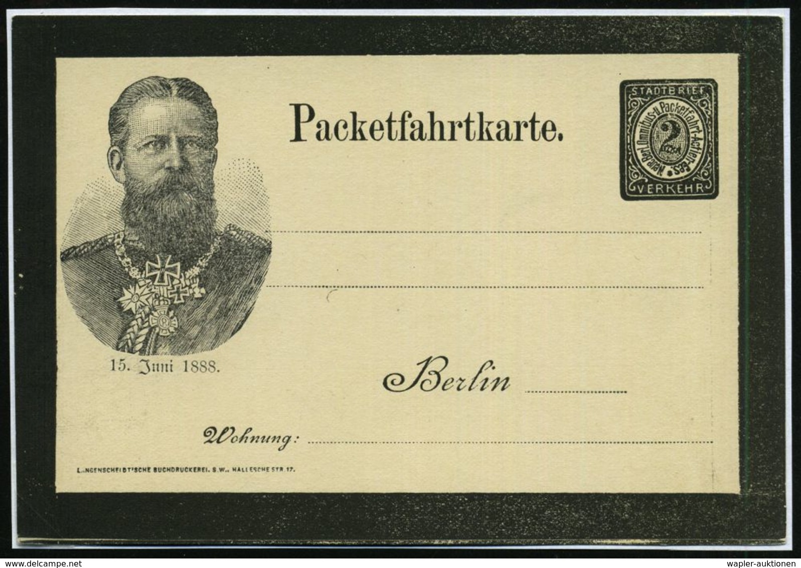 Berlin 1888 (Juni) 2 Pf. "Neue Berl. Omnibus- U. Packetfahrt AG", Trauer-Ganzsache Zum Tod Kaiser Friedrich III. Am (Bru - Sonstige & Ohne Zuordnung