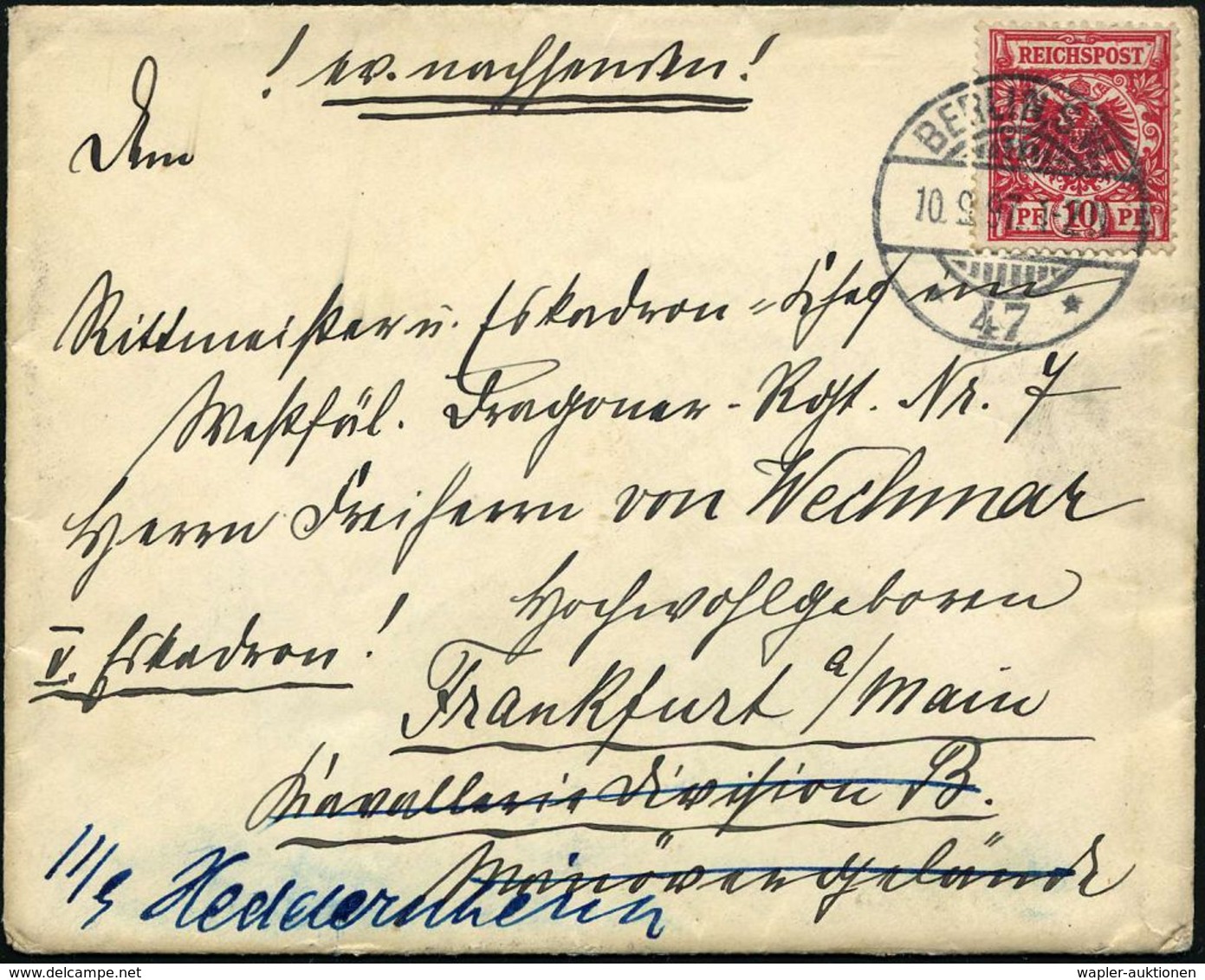 BERLIN,S.W./ *47* 1897 (10.9.) 1K-Gitter Auf Dekorat. Damen-Adels-Bf. An "Freiherrn V. Wechmar, Markgräfl. Dragoner-Rgt. - Andere & Zonder Classificatie