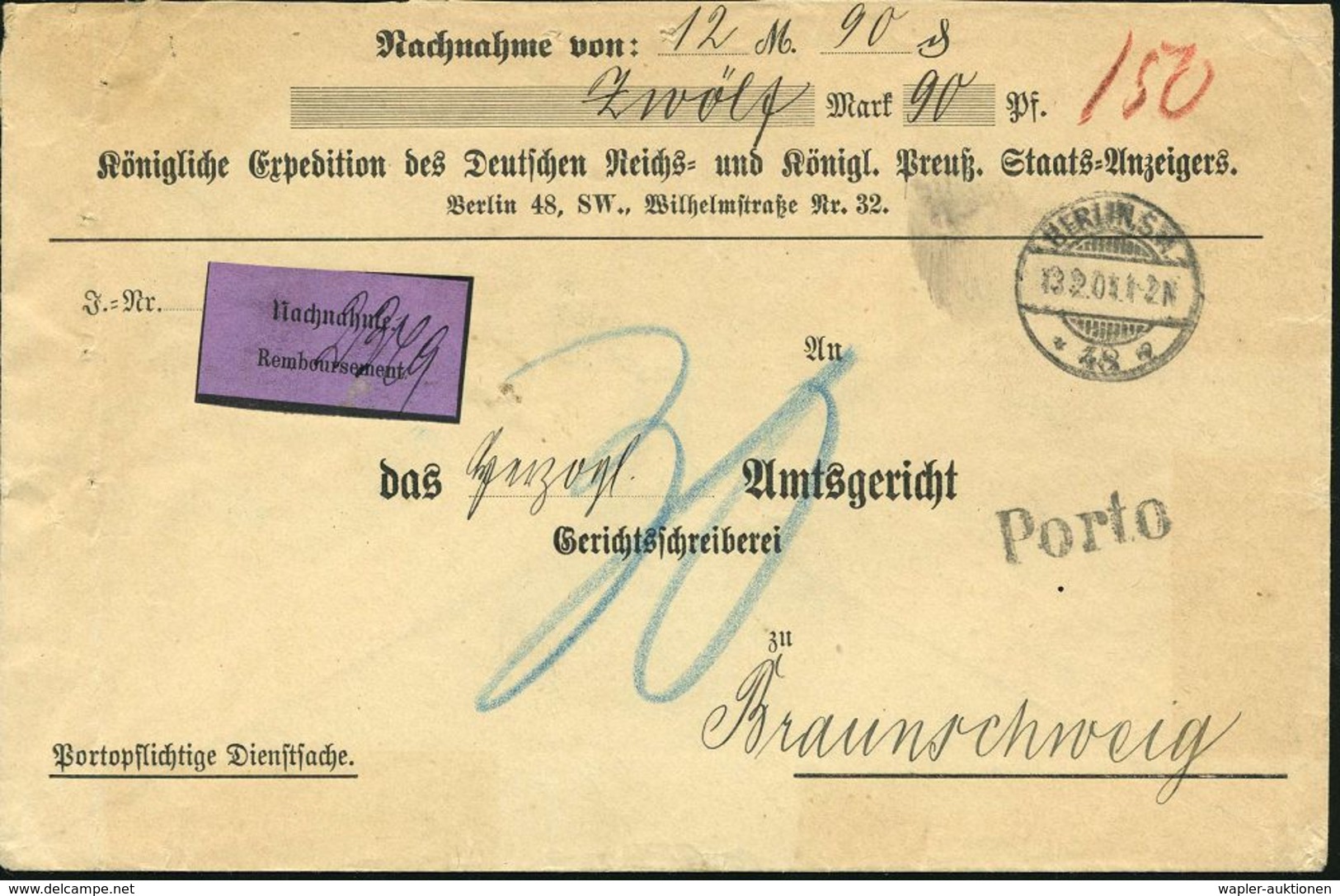 BERLIN,S.W./ *48a 1901 (13.2.) 1K-Gitter + 1L: Porto Auf Dienst-Bf: Königl. Exped. Des Deutscher Reichs- U. Königl. Preu - Sonstige & Ohne Zuordnung