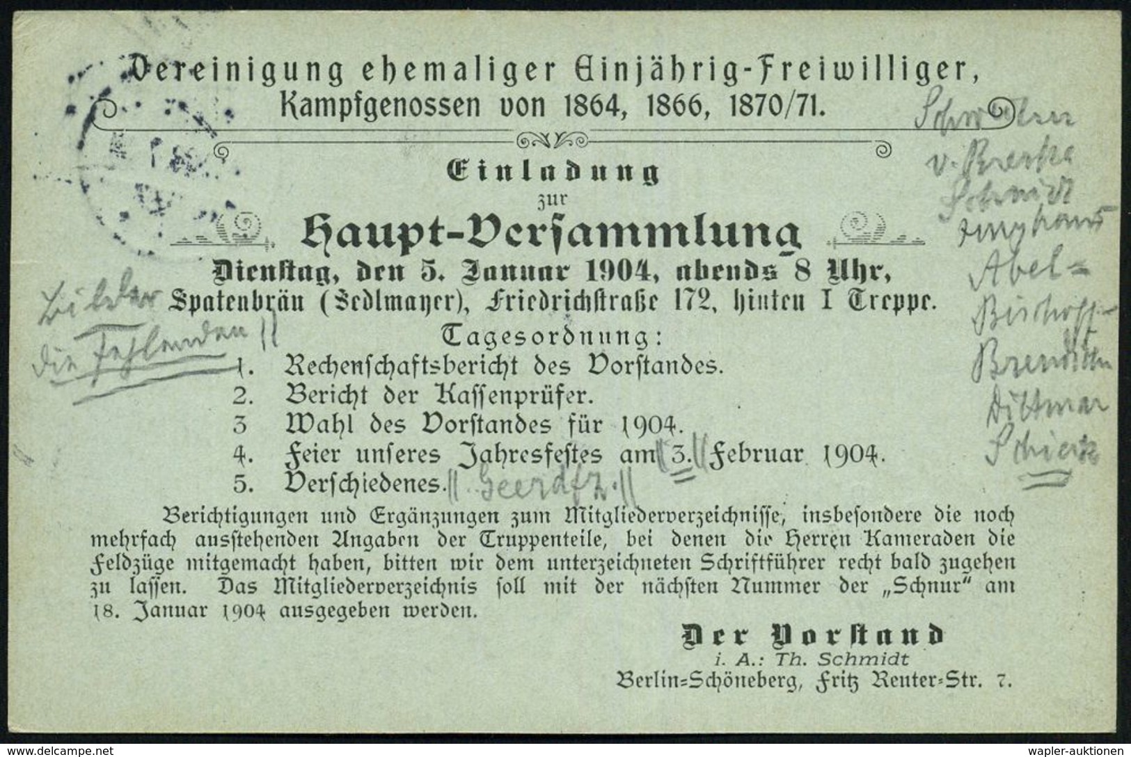 BERLIN,W./ *9* 1903 (29.12.) 1K-Gitter Auf Orts-P 2 Pf. Germania + Zudruck Veteranen-Verein "Einjähriger Freiwilliger" V - Sonstige & Ohne Zuordnung