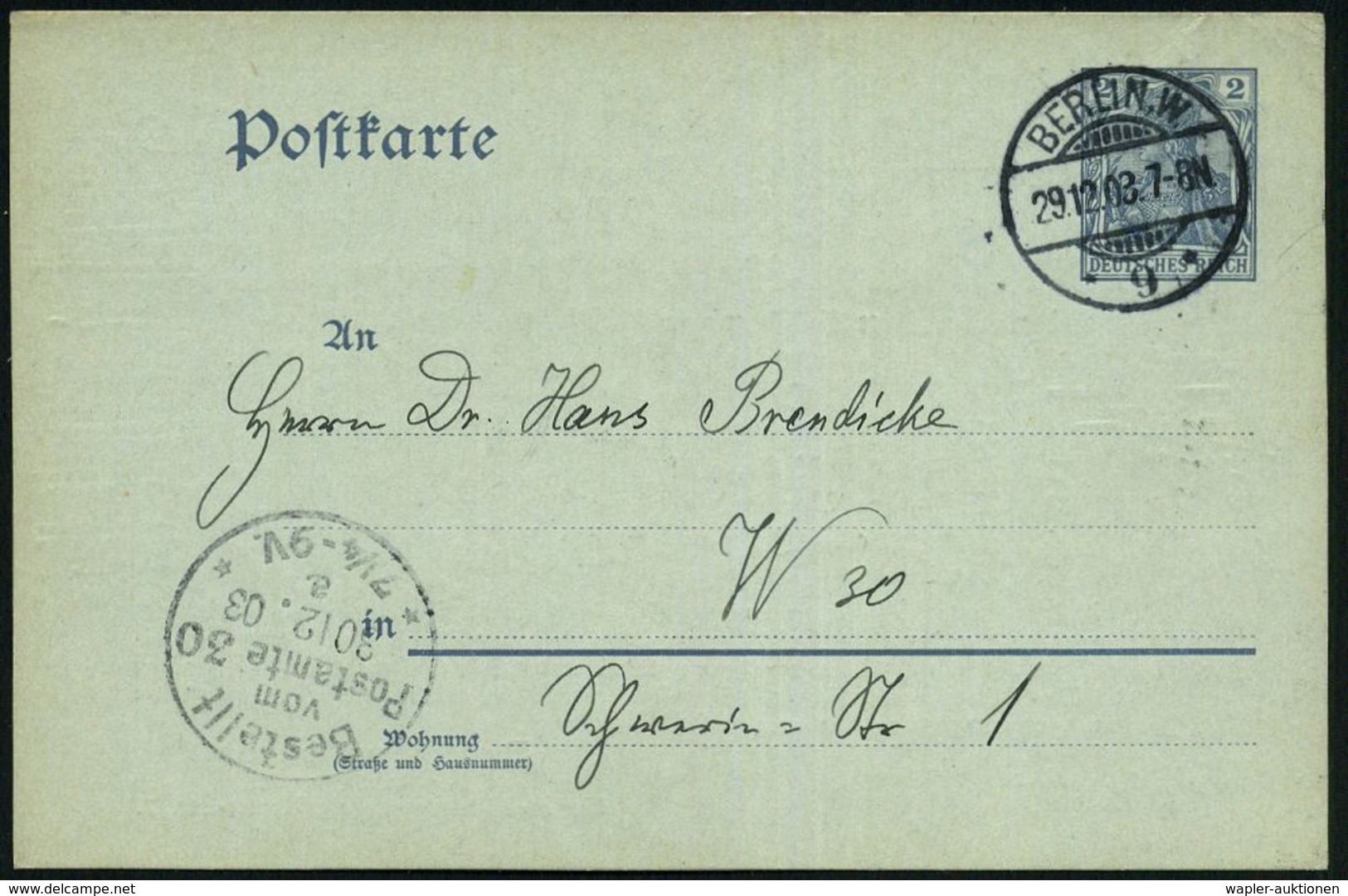 BERLIN,W./ *9* 1903 (29.12.) 1K-Gitter Auf Orts-P 2 Pf. Germania + Zudruck Veteranen-Verein "Einjähriger Freiwilliger" V - Andere & Zonder Classificatie