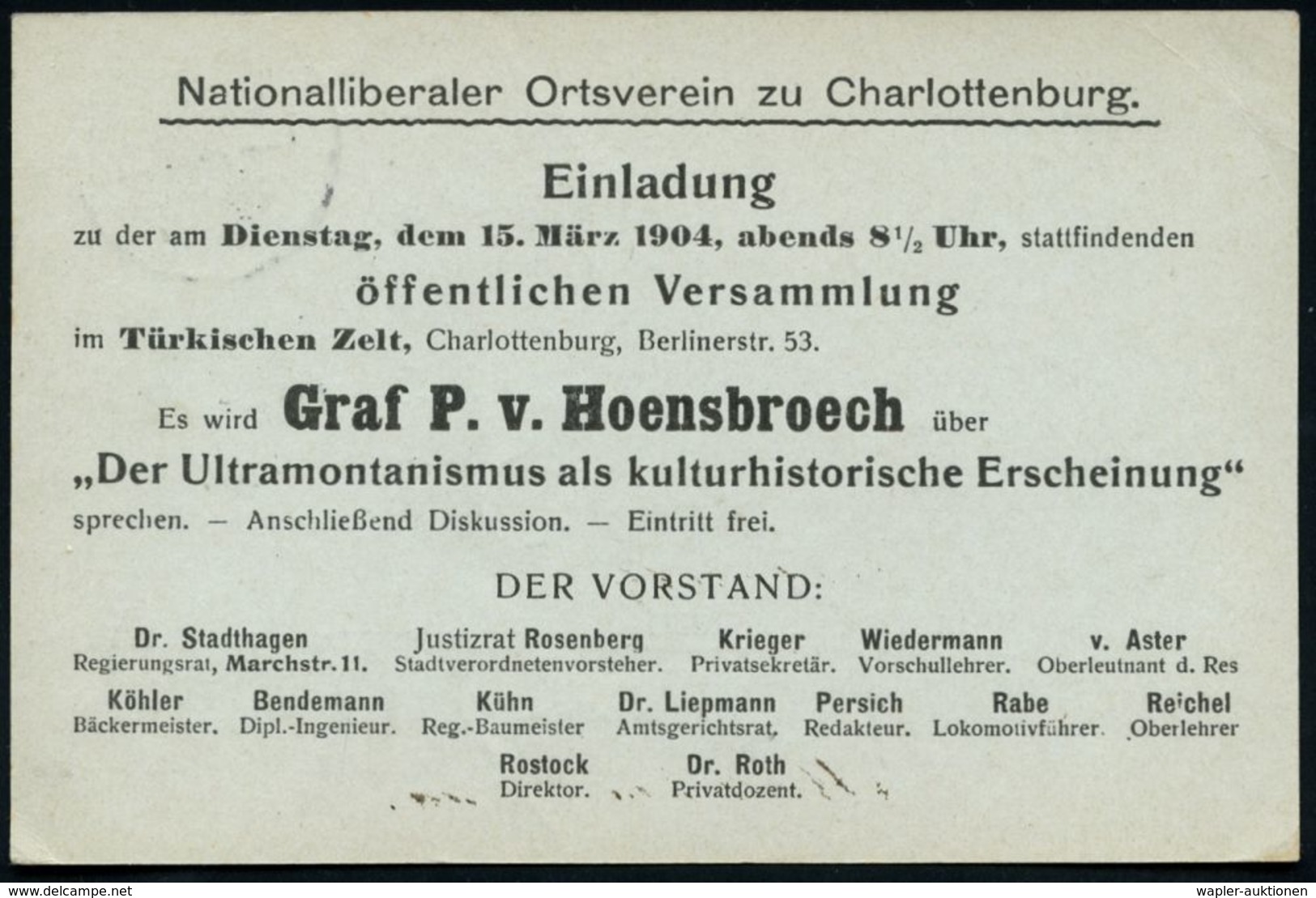 Berlin-Charlottenburg 1904 (12.3.) Amtl. Orts-P 2 Pf. Germania, Grau + Rs. Zudruck: Nationalliberaler Ortsverein..Vortra - Autres & Non Classés