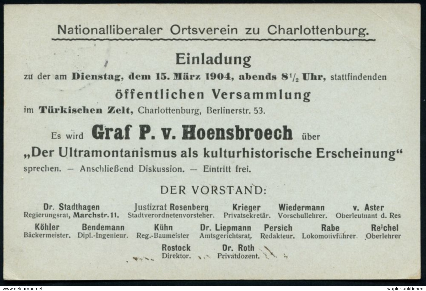 Berlin-Charlottenburg 1904 (12.3.) Amtl. Orts-P 2 Pf. Germania, Grau + Rs. Zudruck: Nationalliberaler Ortsverein..Vortra - Andere & Zonder Classificatie