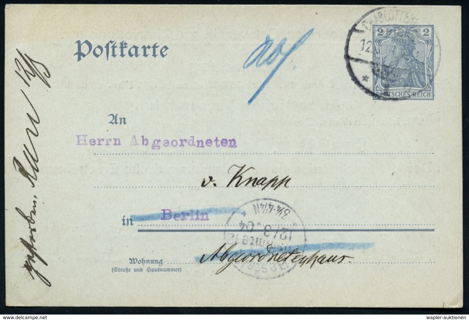 Berlin-Charlottenburg 1904 (12.3.) Amtl. Orts-P 2 Pf. Germania, Grau + Rs. Zudruck: Nationalliberaler Ortsverein..Vortra - Other & Unclassified